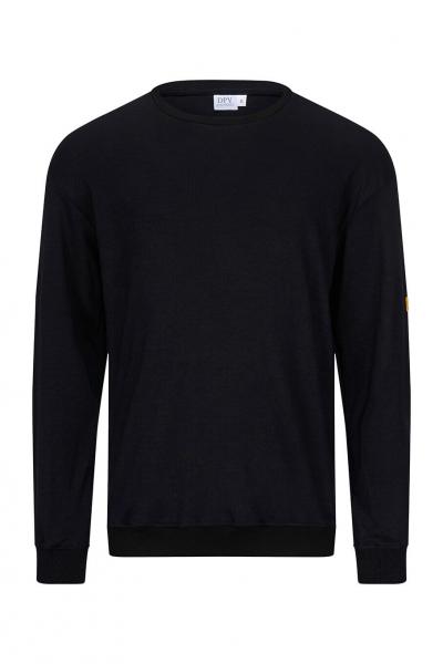 The image shows a black sweater with long sleeves. The collar is round, and there is a small, conspicuous logo or emblem on the left arm. The fabric appears soft and casual.