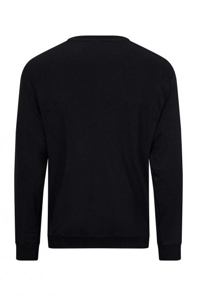 The image shows a black sweatshirt from the back. It has long sleeves, a round neckline, and currently no striking print or pattern. The fit is simple and casual.