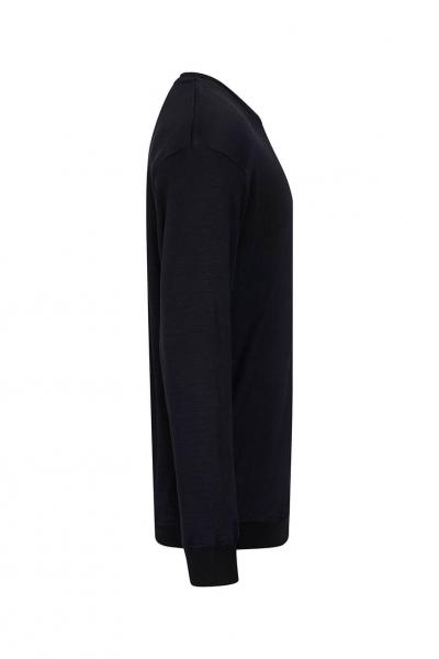 The image shows a black shirt in a side view. It has long sleeves, a round neckline, and a simple, straight shape. The fabric appears soft and comfortable.