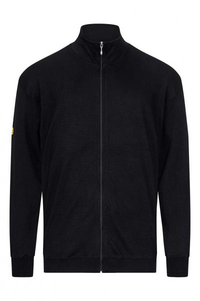 The image shows a black training jacket with a zipper and a stand-up collar. It has long sleeves and a small yellow logo on one sleeve. The jacket is simple and modern.