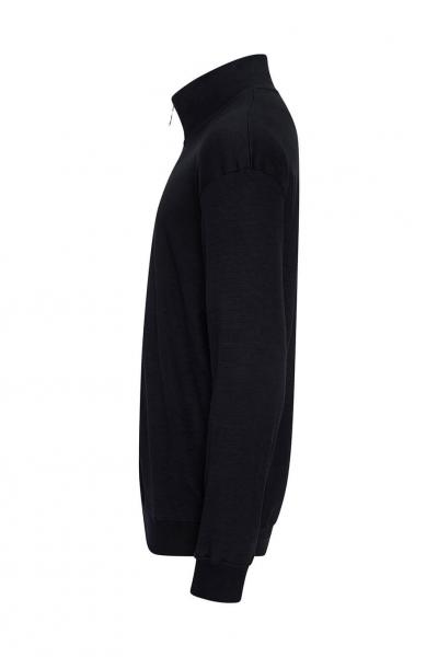 The image shows a black sweater made from a soft material. It features a high collar and long sleeves that are slightly tight at the wrists. The sweater appears simple and elegant.