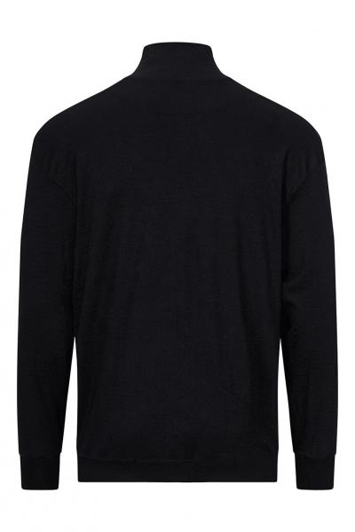 The image shows a black sweater from the back. It has long sleeves and a high collar. The fabric appears soft and has a uniform, matte surface.