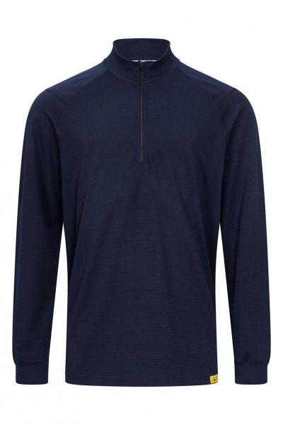 The image shows a long-sleeved, navy blue top with a stand-up collar and a short zipper in the center. It has a plain, sporty cut.