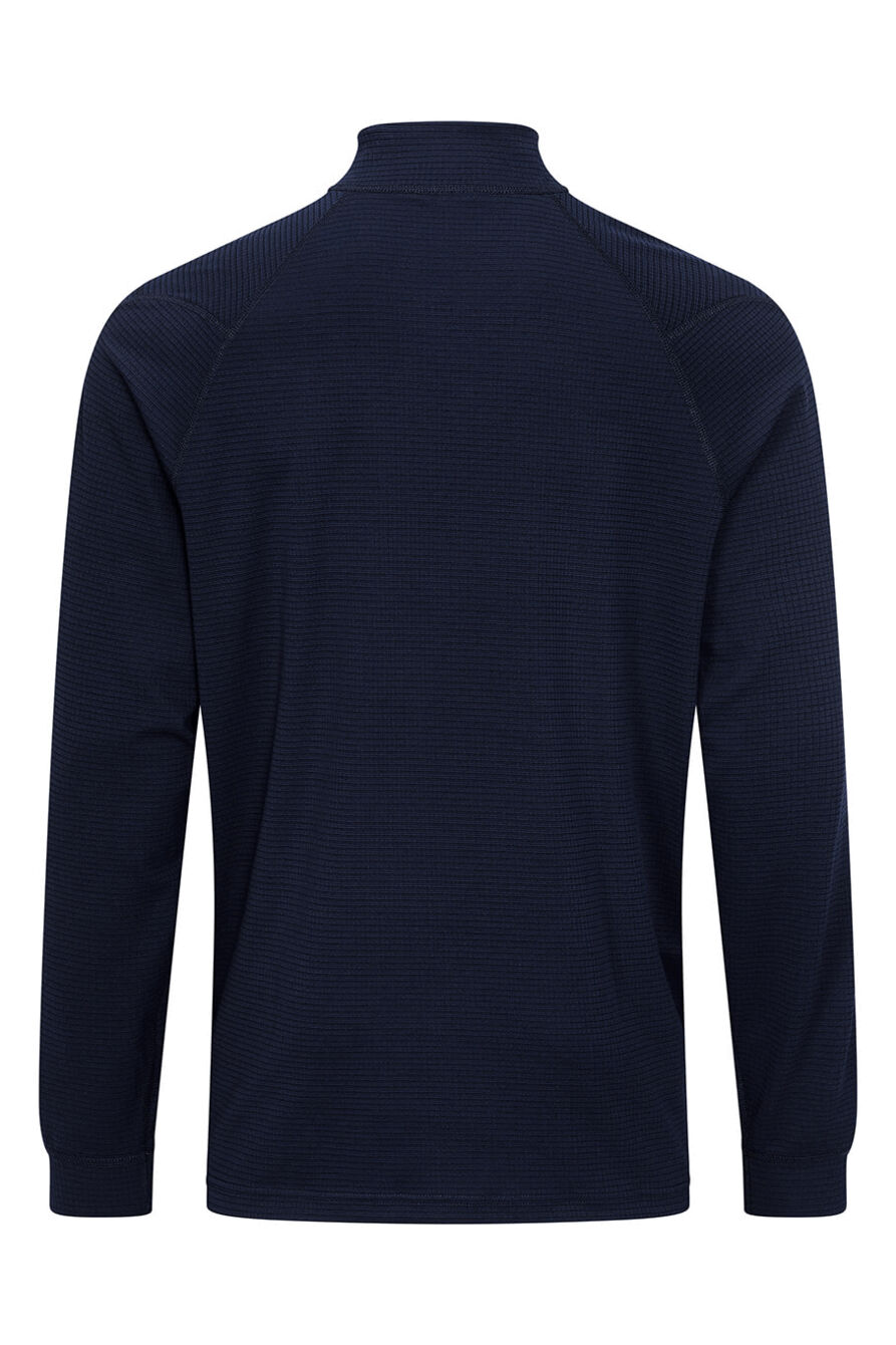 The image shows a dark blue long-sleeve shirt with a high collar. It has long sleeves and a simple, textured surface. The cut is plain and modern.