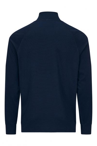 The image shows a dark blue sweater with a stand-up collar. It has long sleeves and a smooth texture, with no noticeable patterns or details on the back.