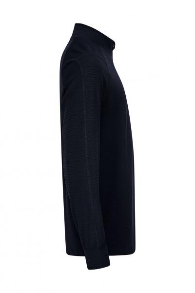 The image shows a black sweater with long sleeves and a high collar, viewed from the side. The fabric appears soft and casual. It has a simple, elegant shape.