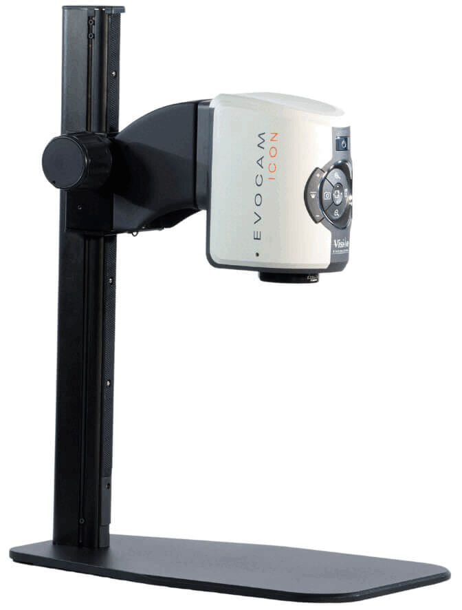 The image shows a device called Evogam Icon. It has a rectangular base and a vertical stand. There is a camera with control buttons on an arm.