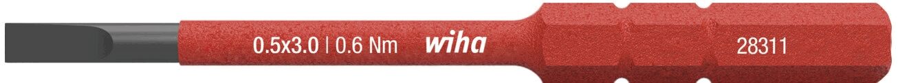 The image shows a red screwdriver with a black tip. The handle has dimensions and the brand name "wiha" printed on it. The dimensions are 0.5x3.0 and 0.6 Nm.