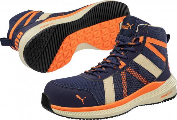 The image displays athletic shoes in blue with orange accents. They feature a high-top design, breathable material, and a grippy sole with a three-dimensional pattern.