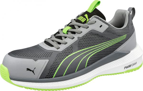 The shoe is sporty with a gray upper and green accents. It has a lightweight, breathable structure and a colored rubber sole for good grip.