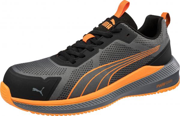 The shoe is a sporty sneaker in black and gray, with orange accents. It has a breathable upper, a padded sole, and a sporty shape.