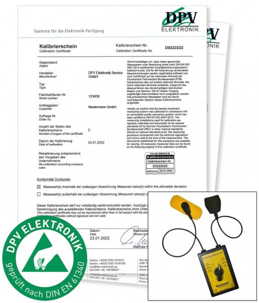 The image displays a calibration certificate from DPV Electronics on two documents. At the bottom right, there is a small device with two cables and a yellow attachment depicted. On the left, a round green logo.