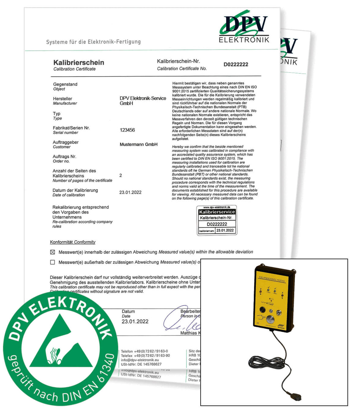 The image displays a calibration certificate document with details about the manufacturer, type, and order specifics. In the corner, there is a yellow electronic device depicted, which has cables. A green inspection seal completes the arrangement.