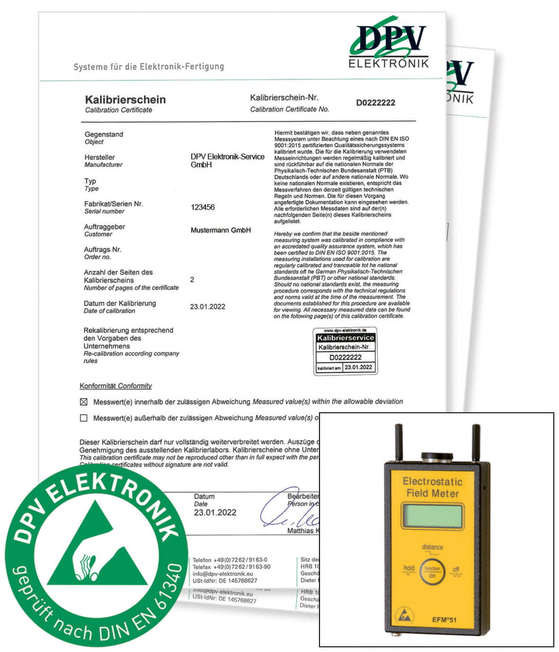 The image displays a calibration certificate with details about an electronic device and a graphic of an electrostatic field meter. At the bottom left, a green quality seal is depicted.