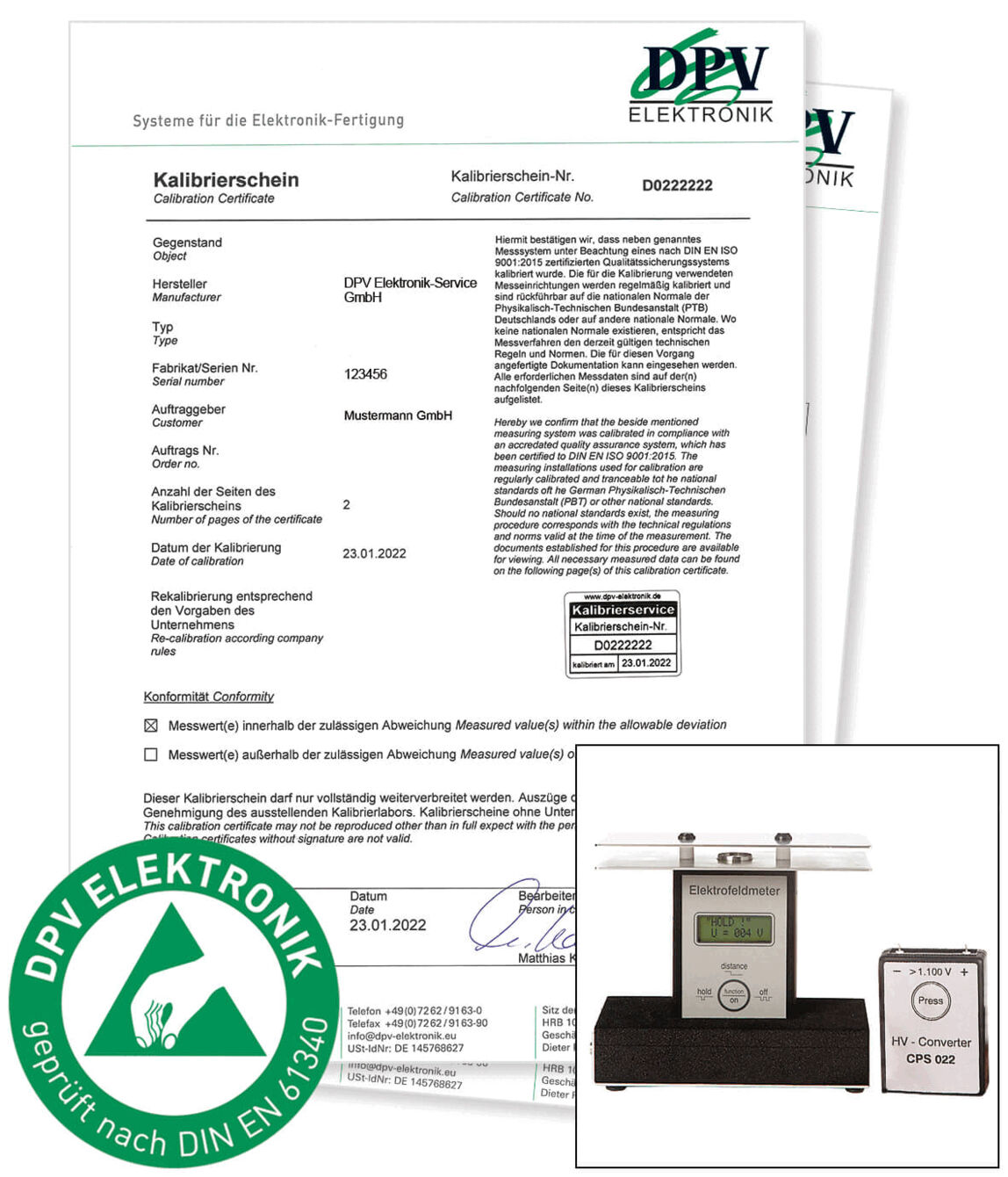 The image displays a calibration certificate document with the logo of DPV Elektronik. Below it, a measuring device and a display are depicted. The date of the certificate is January 23, 2022.