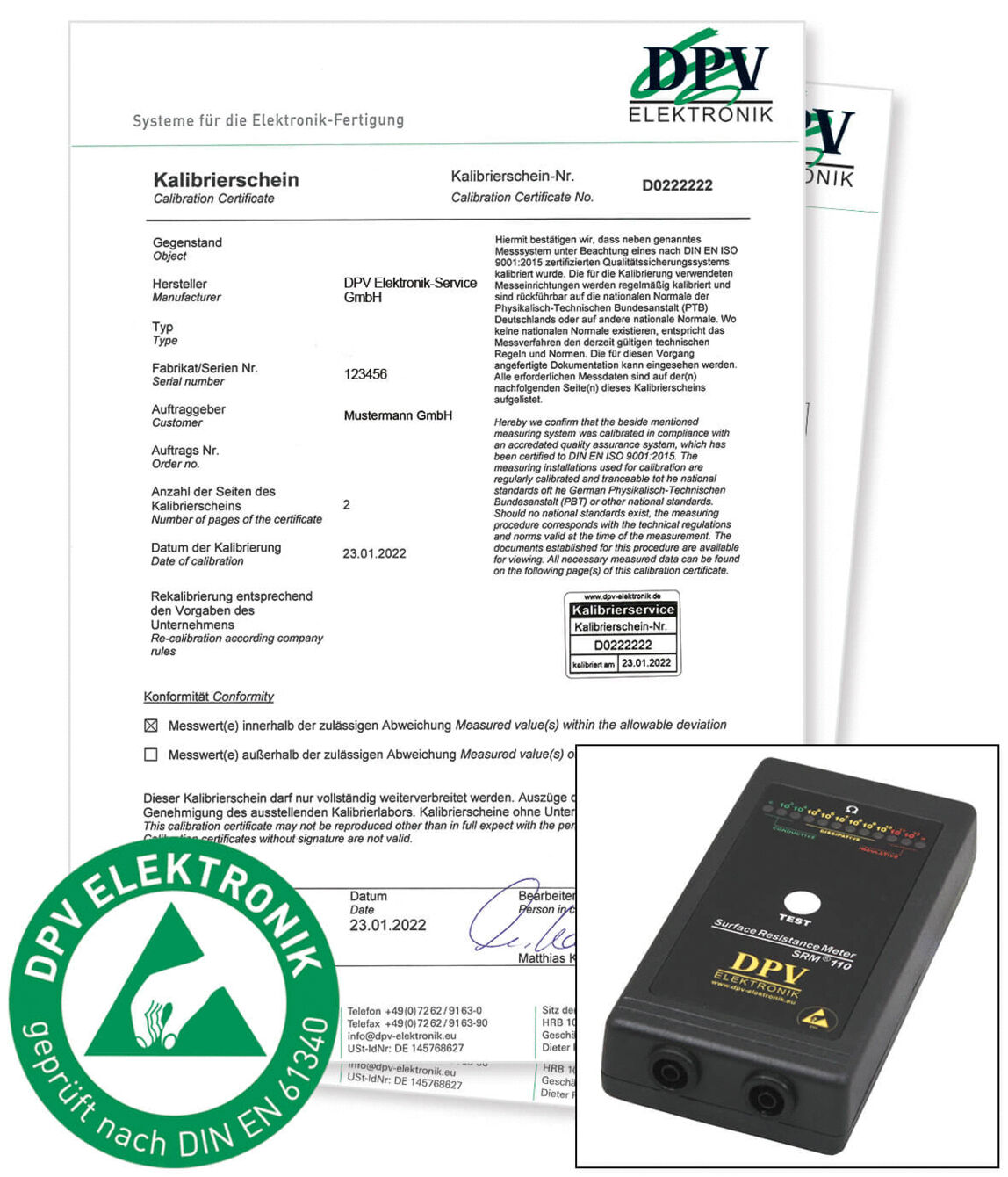 The image displays a calibration certificate on two sheets of paper and a calibration device in the foreground. The document includes technical details and a logo. The device features a black casing with various connectors.