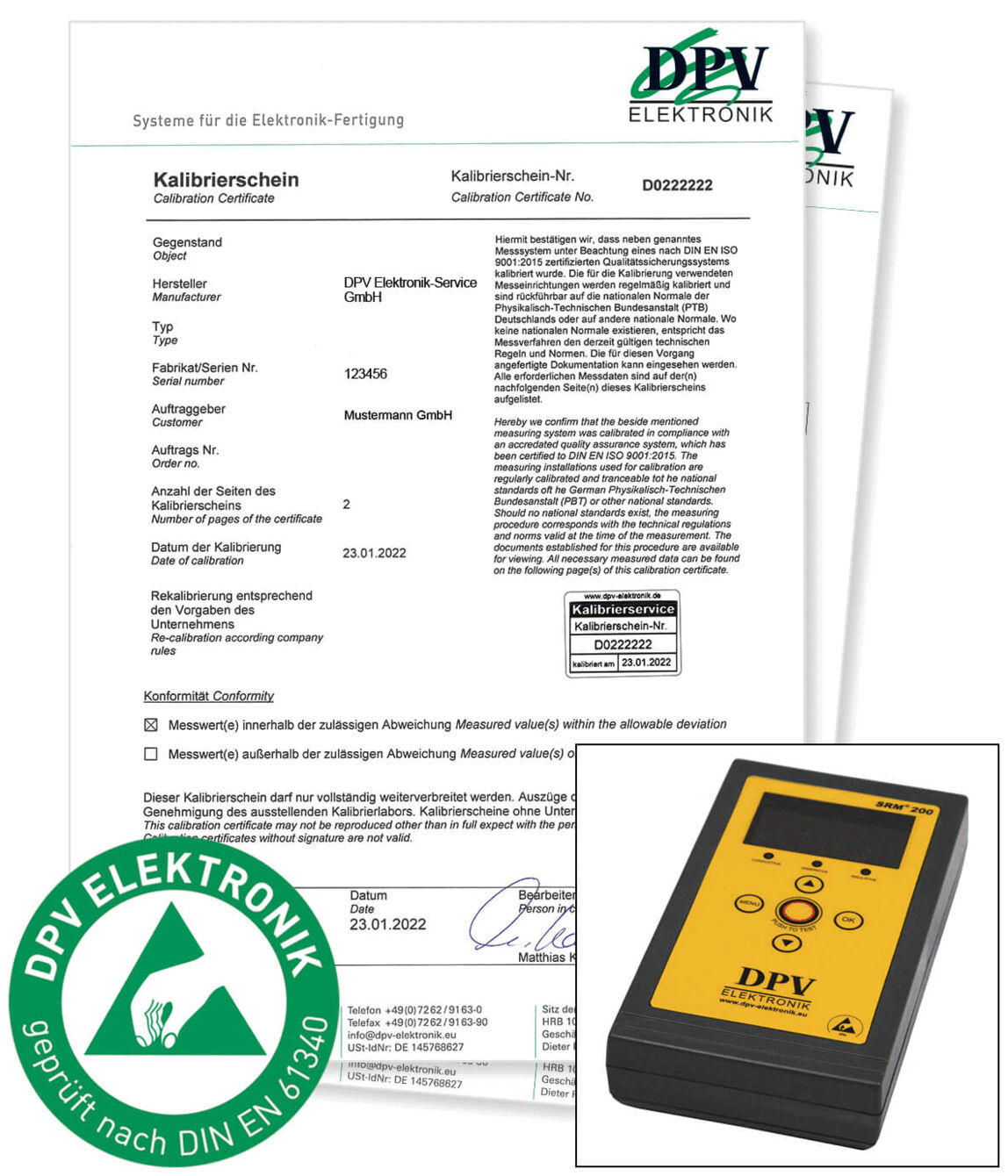 The image displays a calibration certificate in the form of two documents with a green label. In the bottom right, there is a yellow measuring device with buttons and a display depicted.