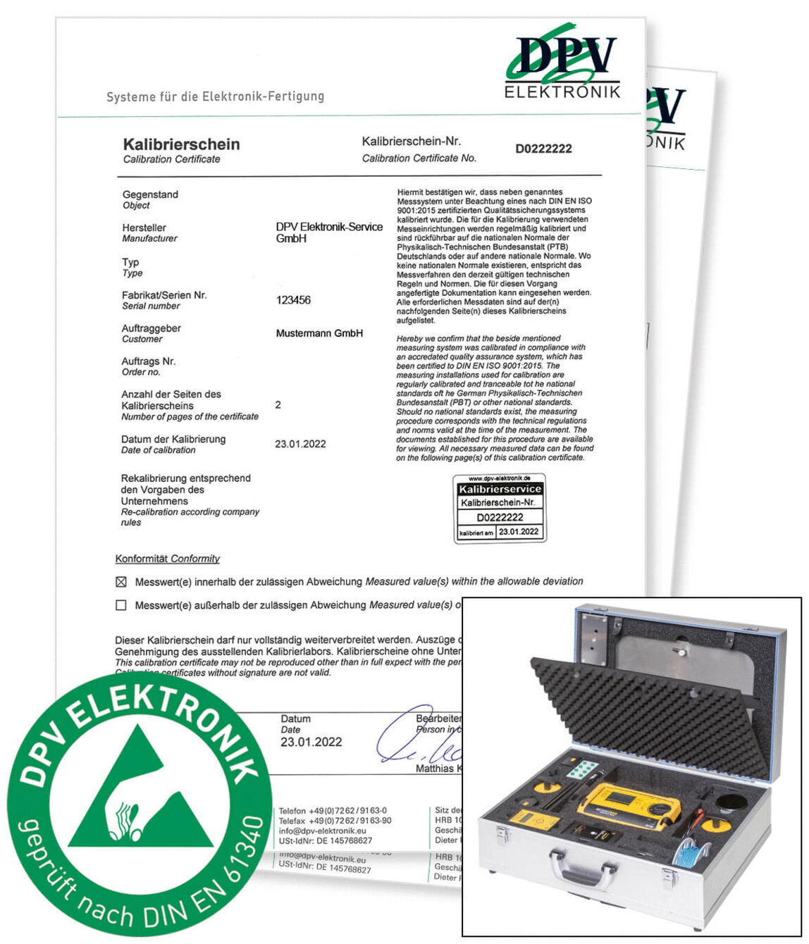 The image shows two calibration certificates with information about devices from DPV Elektronik-Service GmbH. Below, an open suitcase with measuring instruments and accessories is depicted. A green inspection mark is visible.