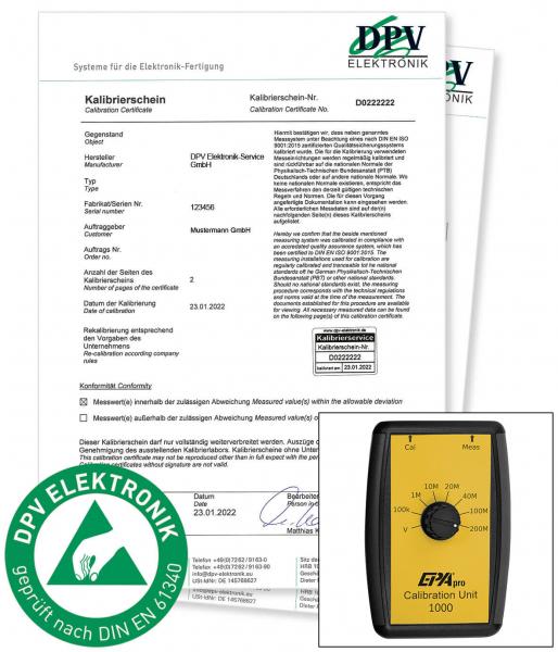 The image displays a certificate titled "Calibration Certificate" on a white background, along with a yellow measuring device at the bottom. There is a green logo with an inspection seal.