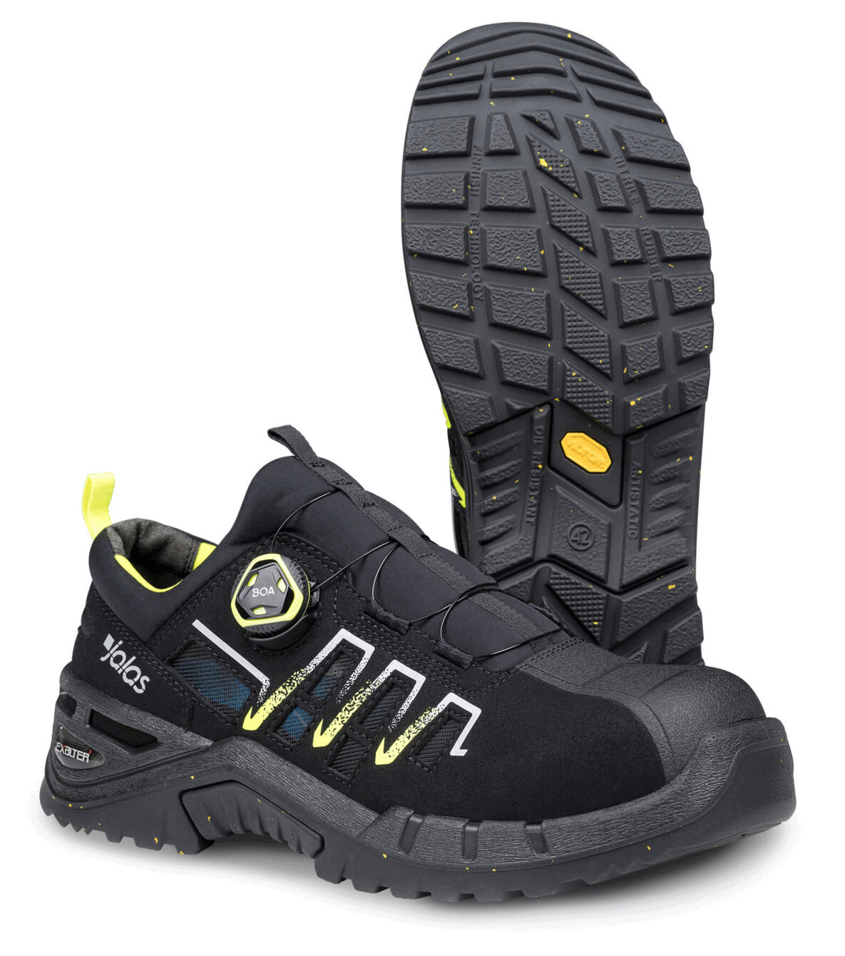 The image shows a black safety shoe with yellow details. It features a non-slip, treaded rubber sole and a special lacing system with a twist lock.