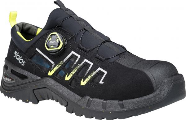 Der Schuh ist schwarz mit gelben Akzenten. Er hat eine robuste Gummisohle und einen festen Rand. Ein spezieller Verschlussmechanismus sorgt für guten Halt. Ideal für Outdoor-Aktivitäten.