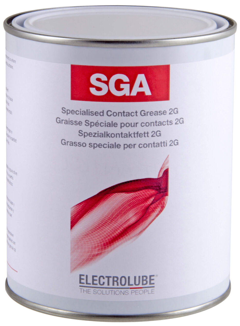 The image shows a round can of contact grease. The packaging has a white surface with red lettering "SGA" and additional information in multiple languages.