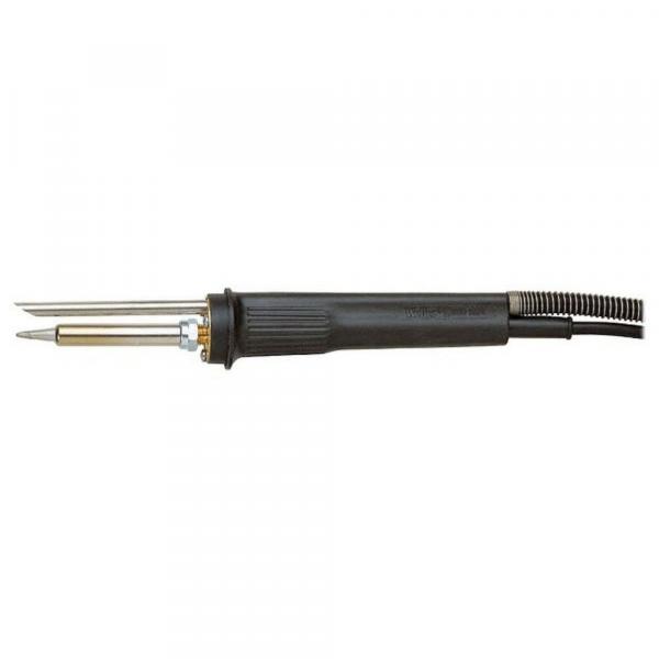 The image shows a soldering iron with a long, black handle and a metal tip. The tip is narrow and elongated, and there is a small dial on the handle.