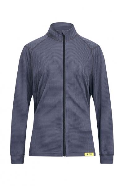 The image shows a snug, dark blue jacket with a zipper down the middle. It features a high collar and fine, vertical stripes. It is designed to be sporty and functional.