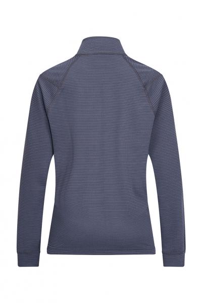 The image shows a dark blue sweater with long sleeves and a stand-up collar. It features fine, horizontal stripes and a simple, sporty design. The back is visible.