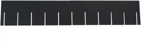 The image shows a black, rectangular piece of material with several evenly distributed white notches or slots along the top edge.