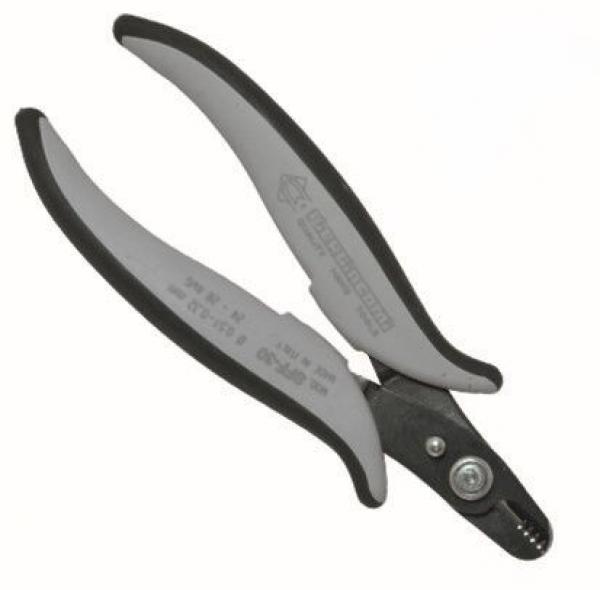 The image shows a gray pair of pliers with ergonomic, non-slip grips. It has a narrow, metallic cutting edge and a slightly curved head, ideal for precise tasks.