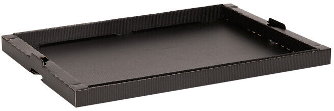 In the image, there is a flat, rectangular, black pizza box visible. The edges are slightly raised, and the corners are clean and sharp. The bottom is smooth.