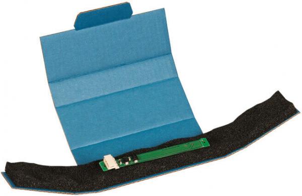 The image displays an open, blue cardboard packaging. Inside, there is a slim, green electronic component on a black base.