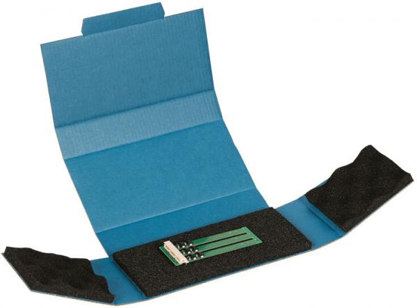 The image shows an open blue packaging with a slot for a green circuit board. The inside of the packaging is padded with black foam to protect the contents.