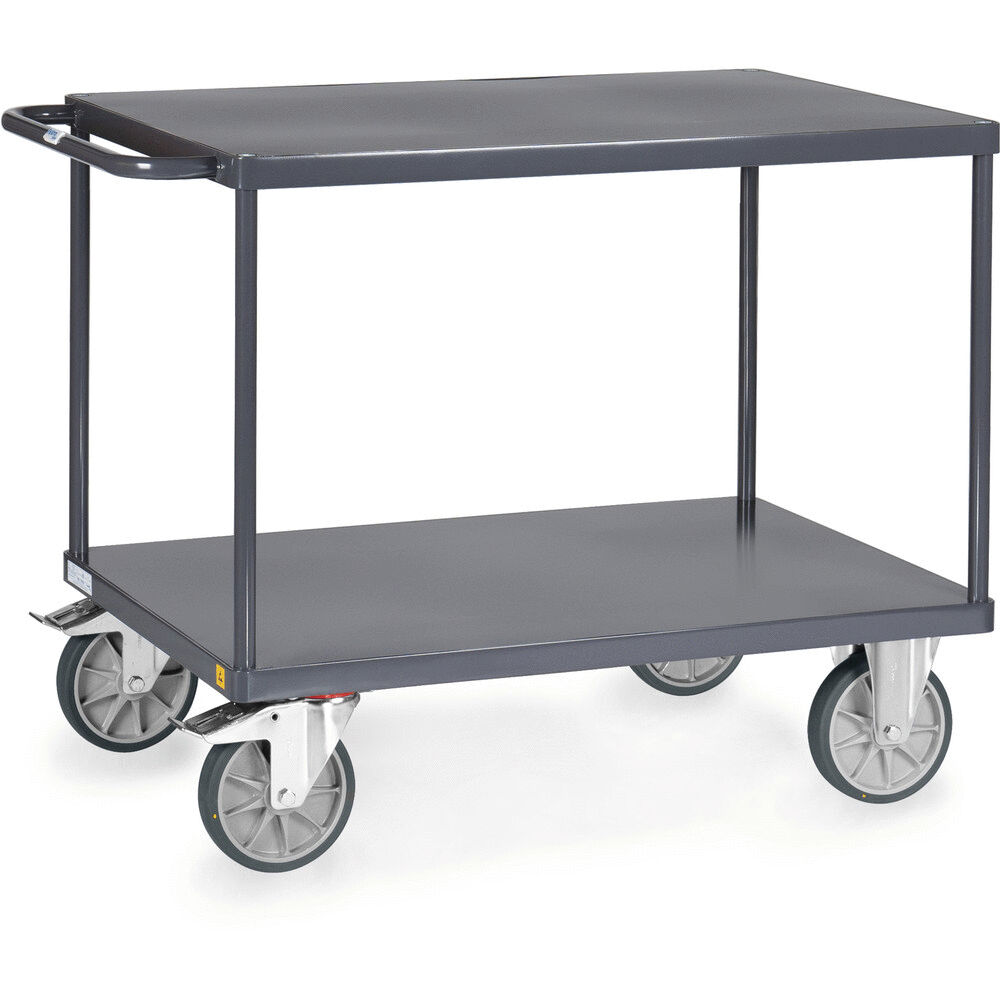 The image shows a sturdy metal serving cart with two shelves. It has a handle for pushing and four large, swivel casters that make it easily movable.