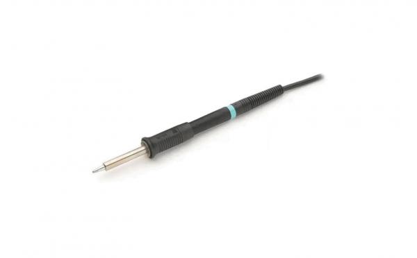 The image shows a soldering iron with a black handle and a blue ring. The tip is metallic and thin. A cable extends from the handle. The iron is used for soldering.