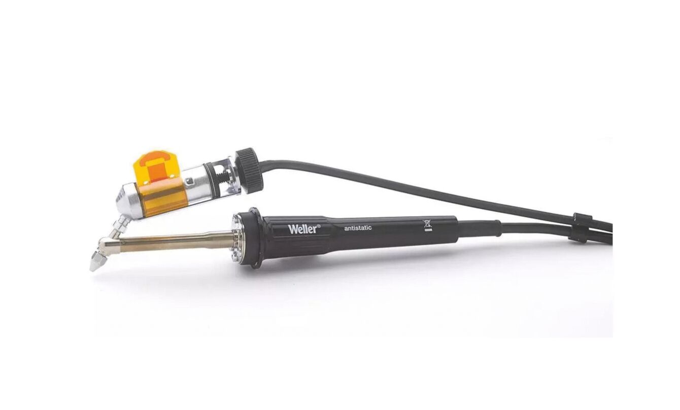 The image shows a soldering iron tool in black with a long, slender metal tip and a yellow regulator on the handle. It has a power cord that leads to the power source.