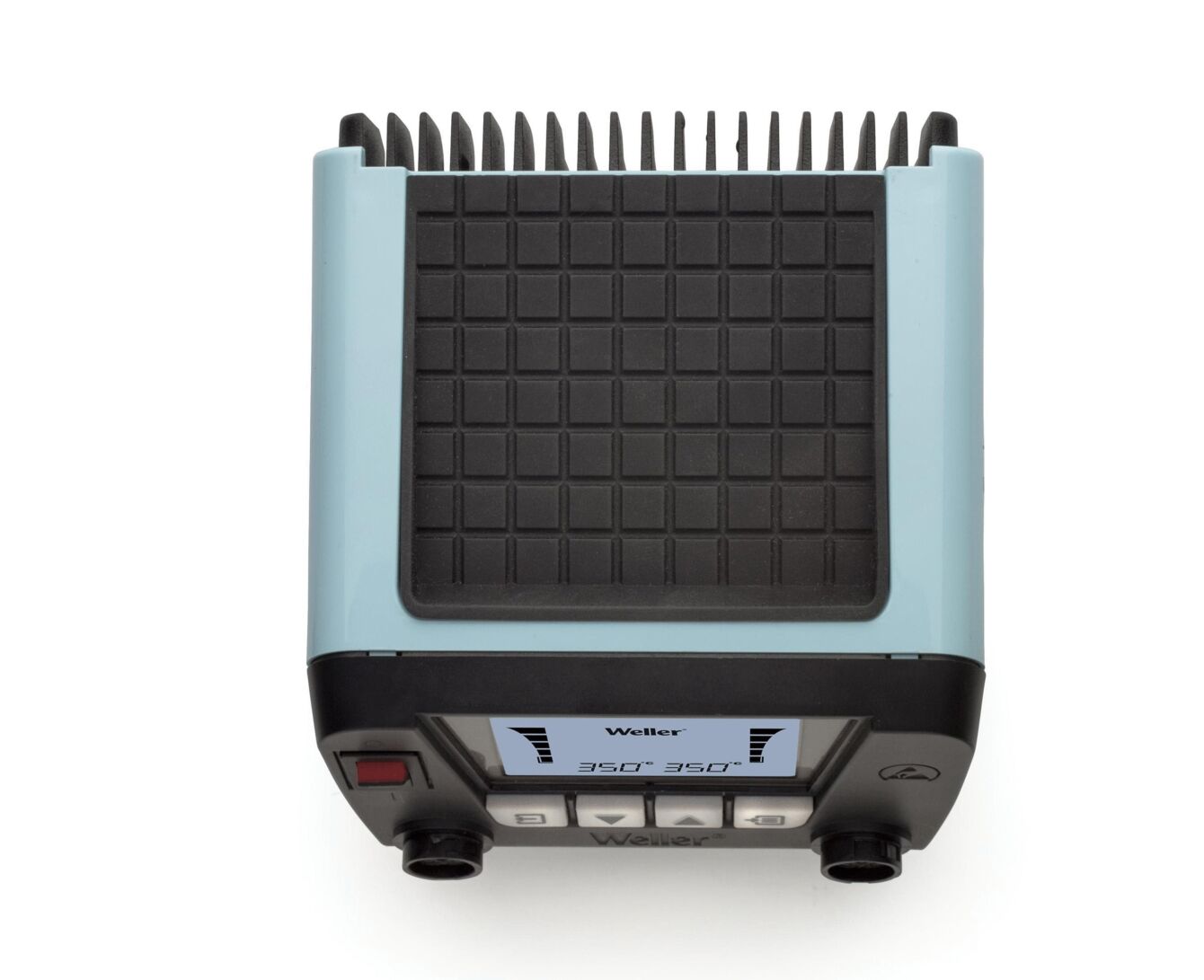 The image shows a square device in blue and black with a ridged top. There are buttons on the front and a digital display for showing temperatures.