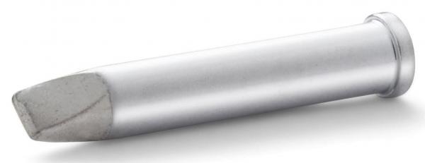 The image shows a silver pen with a sharp, flat edge on one side and a wide, round end on the other. It has a smooth surface and is long and cylindrical.