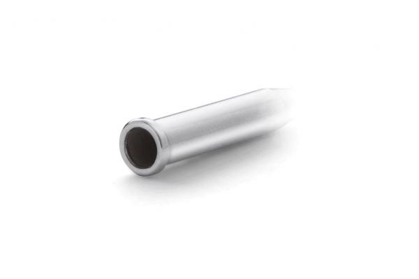 The image shows a long, slender metal tube with a smooth, shiny surface. It has an opening at one end and tapers to a narrower shape.