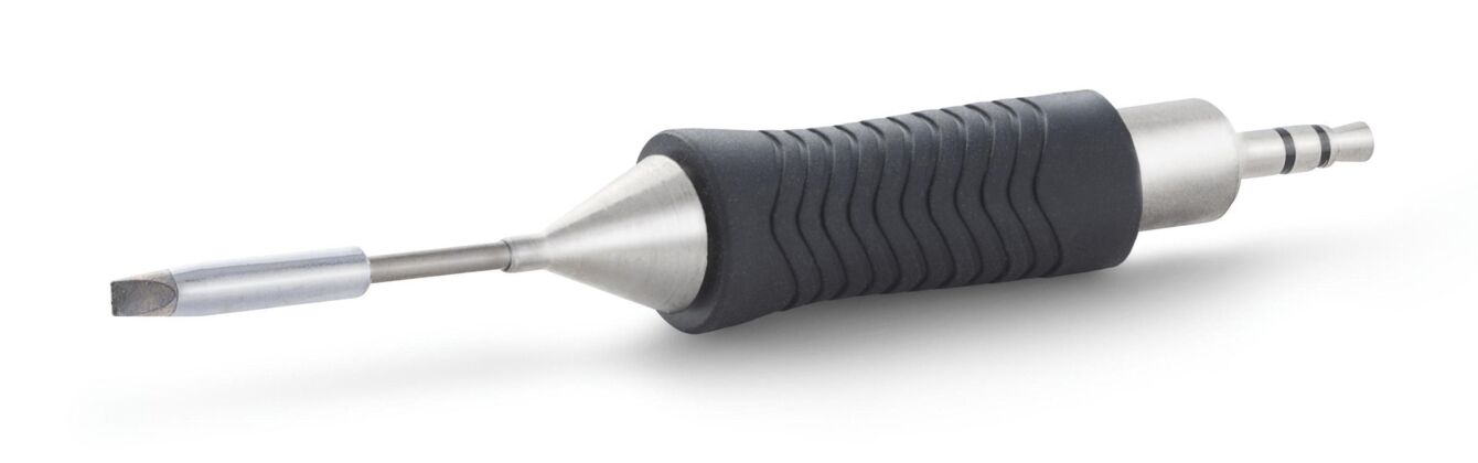 The image shows a gray tool handle with a ridged rubber surface. At one end, there is a flat screwdriver. The handle is oval and ends in a point.