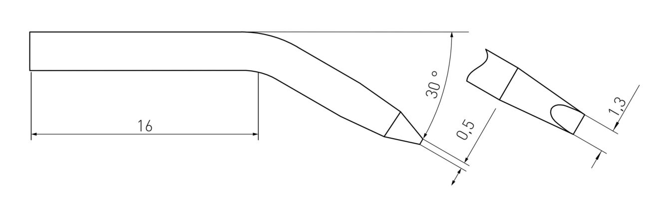 The image displays a technical drawing of a tool with one straight and one curved end. Several measurements are indicated: 16 mm, 30°, 0.5 mm, and 1.3 mm for different parts.