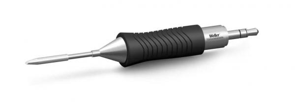 The image shows a soldering iron with a long, pointed metal end and a rubberized, non-slip grip for better hold. The handle has a textured surface.