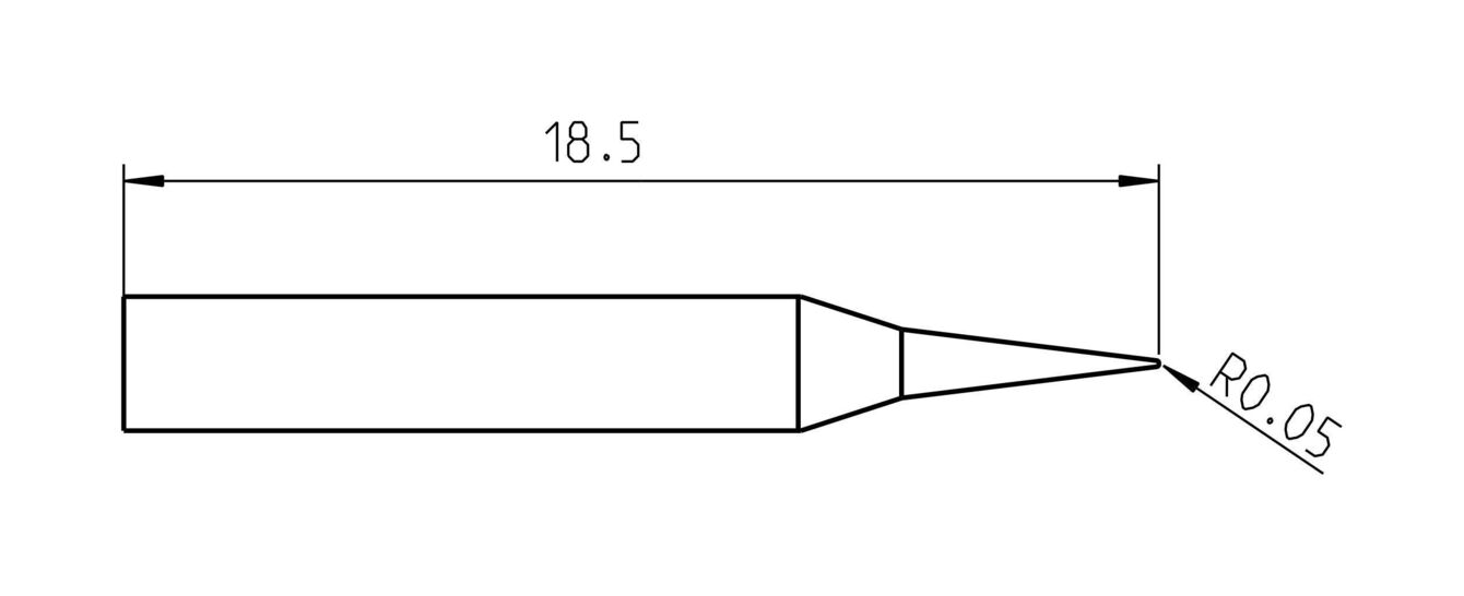 Das Bild zeigt eine technische Skizze eines Objekts mit einer Gesamtlänge von 18,5 mm. Es hat eine schmale, spitze Form mit einem abgerundeten Ende und einer leichten Neigung.