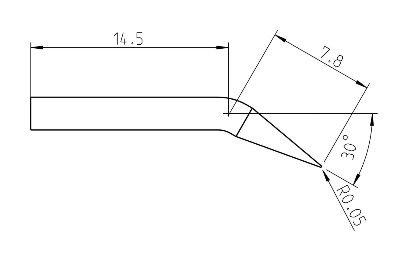 Das Bild zeigt eine technische Zeichnung eines Objekts mit einer spitzen, schrägen Kante. Es sind Maße für Länge und Winkel angegeben: 14,5 mm, 7,8 mm und 30°, sowie ein Radius von 0,05 mm.