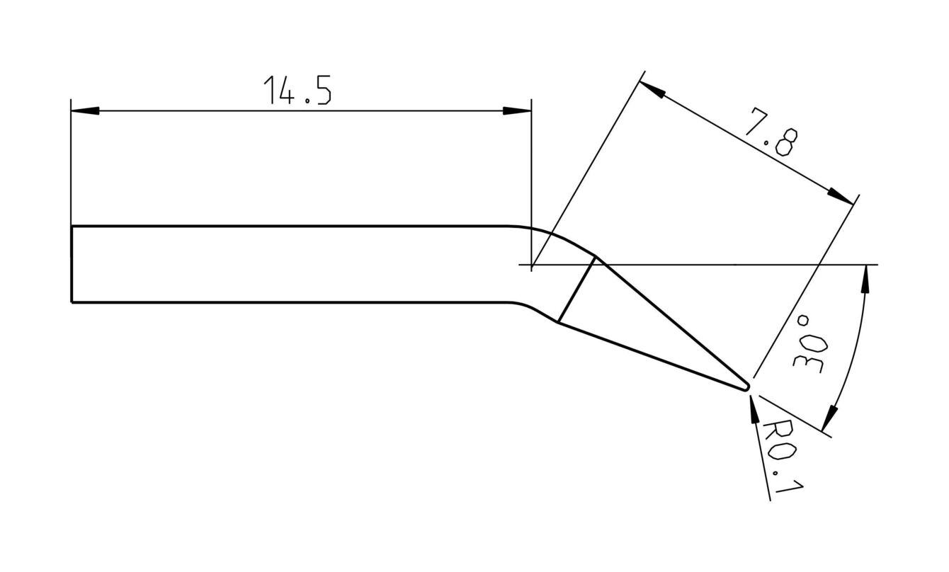 Das Bild zeigt eine technische Zeichnung eines Werkzeugs. Es hat eine spitze Form mit Maßeinheiten: 14,5 mm Länge, 7,8 mm Breite, und einen 30-Grad-Winkel. Rundung oben: 0,1 mm.