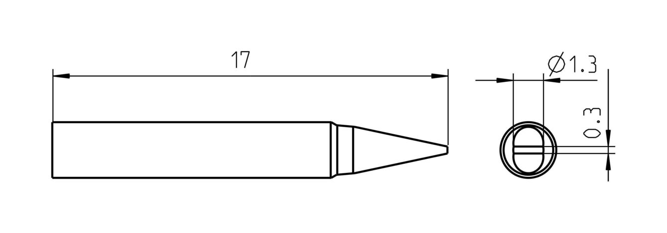 Das Bild zeigt eine technische Zeichnung eines langen, spitzen Objekts. Es hat eine Länge von 17 mm und eine runde Öffnung mit einem Durchmesser von 1,3 mm und 0,3 mm Tiefe.