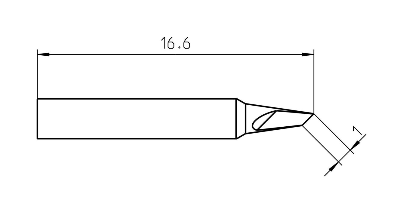 Das Bild zeigt eine technische Zeichnung eines Werkzeugs mit einer Länge von 16,6 mm. Es hat eine gerade, zylindrische Form, die sich an einem Ende schräg verjüngt.