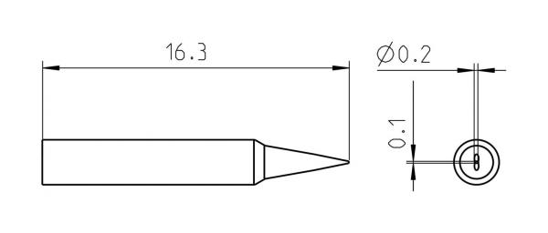 Das Bild zeigt eine technische Zeichnung eines langen, spitzen Objekts mit spezifischen Maßen. Es hat eine Länge von 16,3 mm und einen Durchmesser von 0,2 mm an einem Ende.