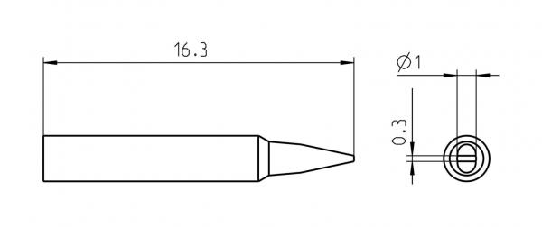 Das Bild zeigt eine technische Zeichnung eines Teils. Es hat eine längliche Form mit einer spitzen Spitze. An einer Stelle sind Durchmesser und Maße angegeben: 16.3 mm, Ø1 mm und 0.3 mm.